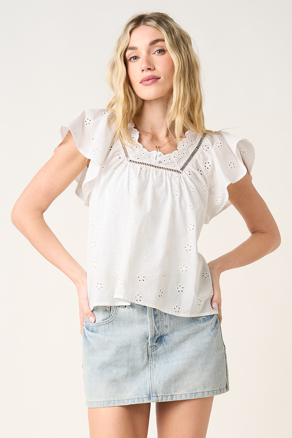White Eyelet Broderie Short Flutter Sleeve Blouse