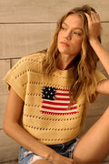 American Flag Patch Short Sleeve Knit Sweater Top