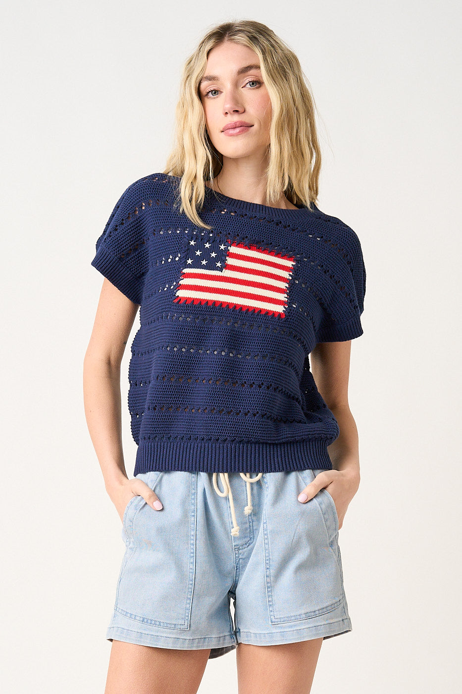 American Flag Patch Short Sleeve Knit Sweater Top