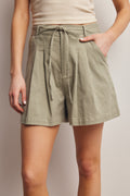 Pleated Drawstring Shorts in Light Olive