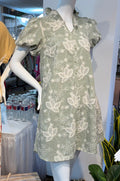 Sage Gingham Floral Lace Embroidered Puff Sleeve Mini Dress