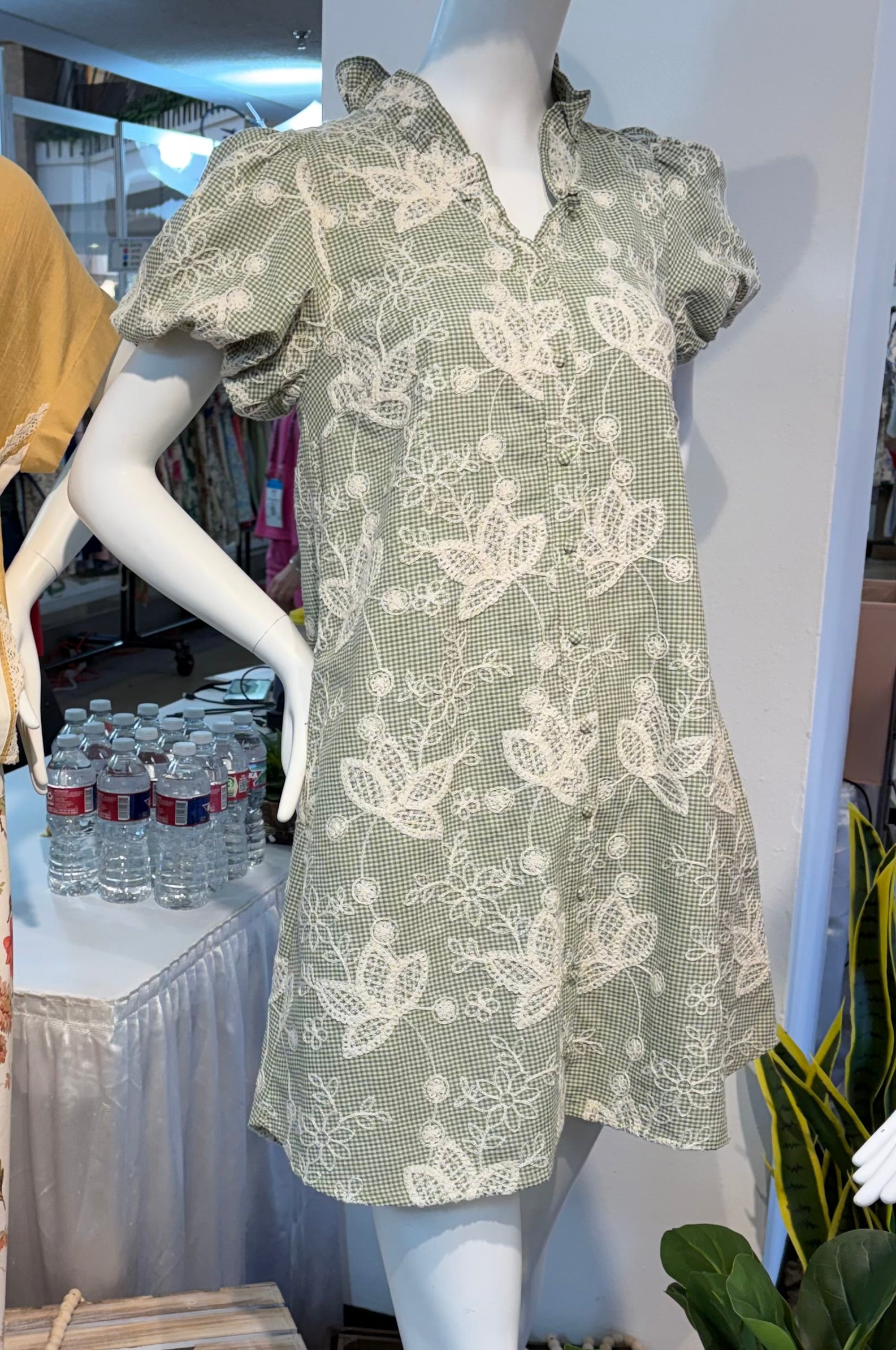 Sage Gingham Floral Lace Embroidered Puff Sleeve Mini Dress
