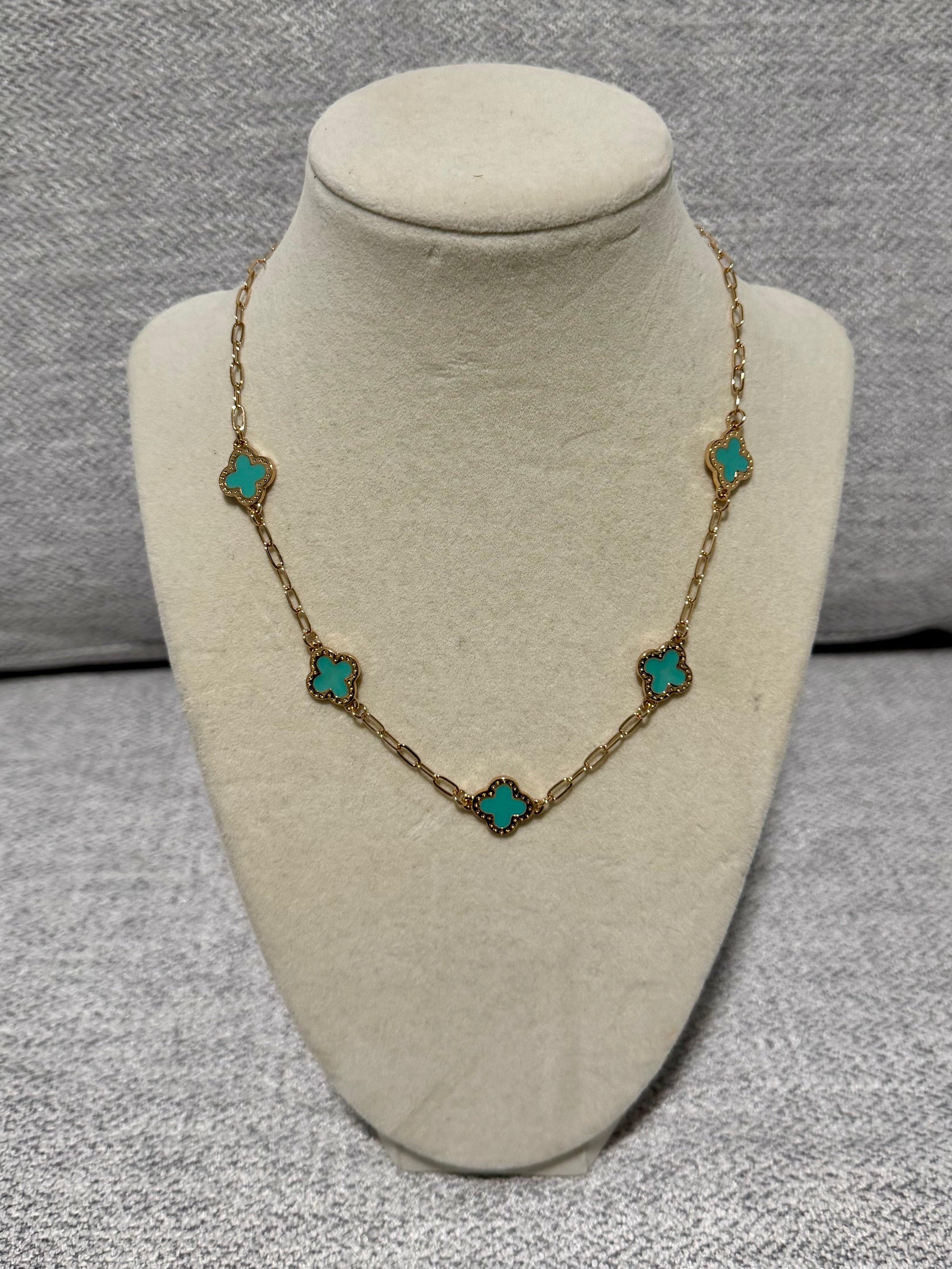 Turquoise Clover Station Paperclip Chain Necklace