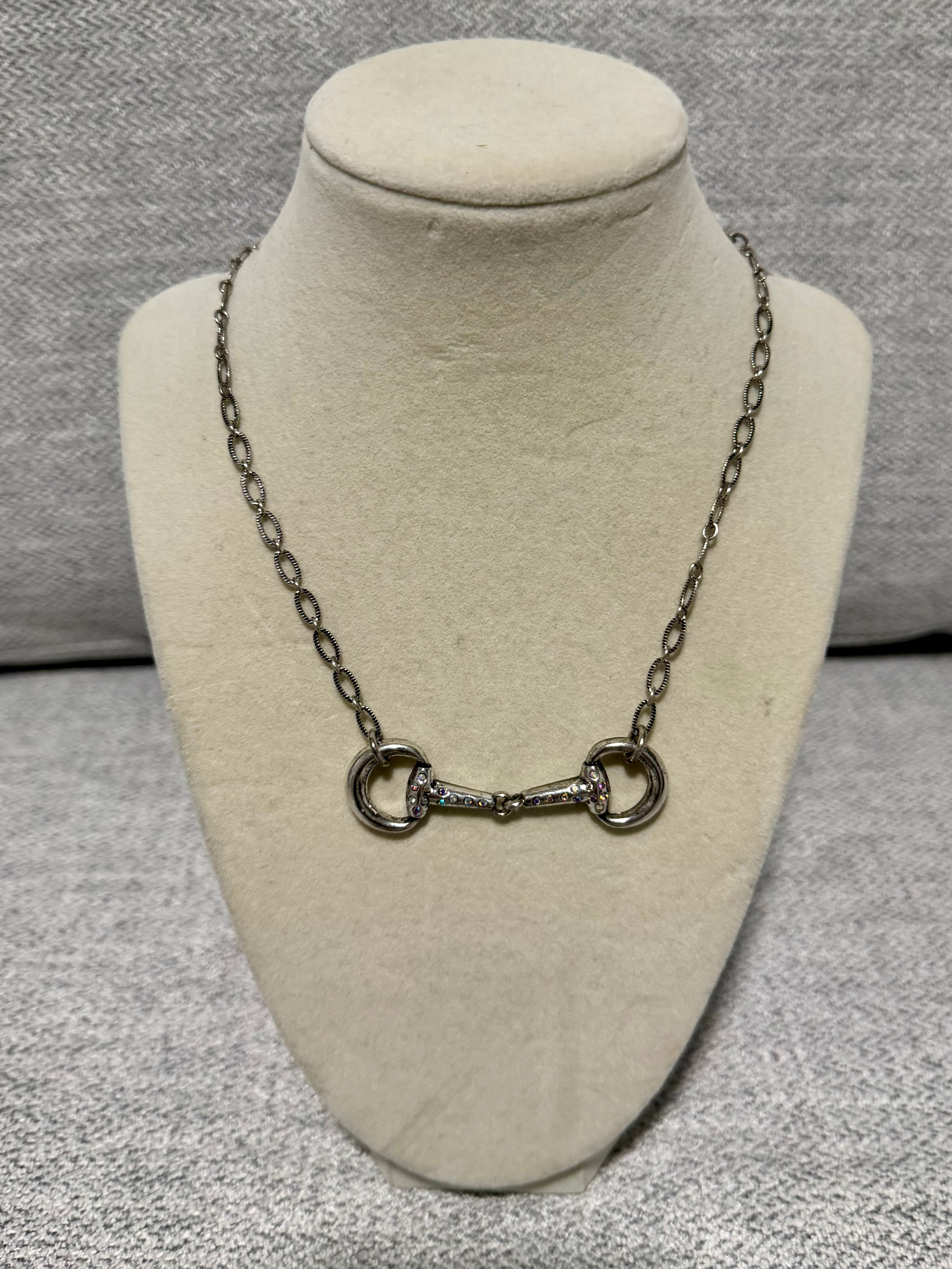 Silver Crystal Horse Bit Necklace & Earring Set