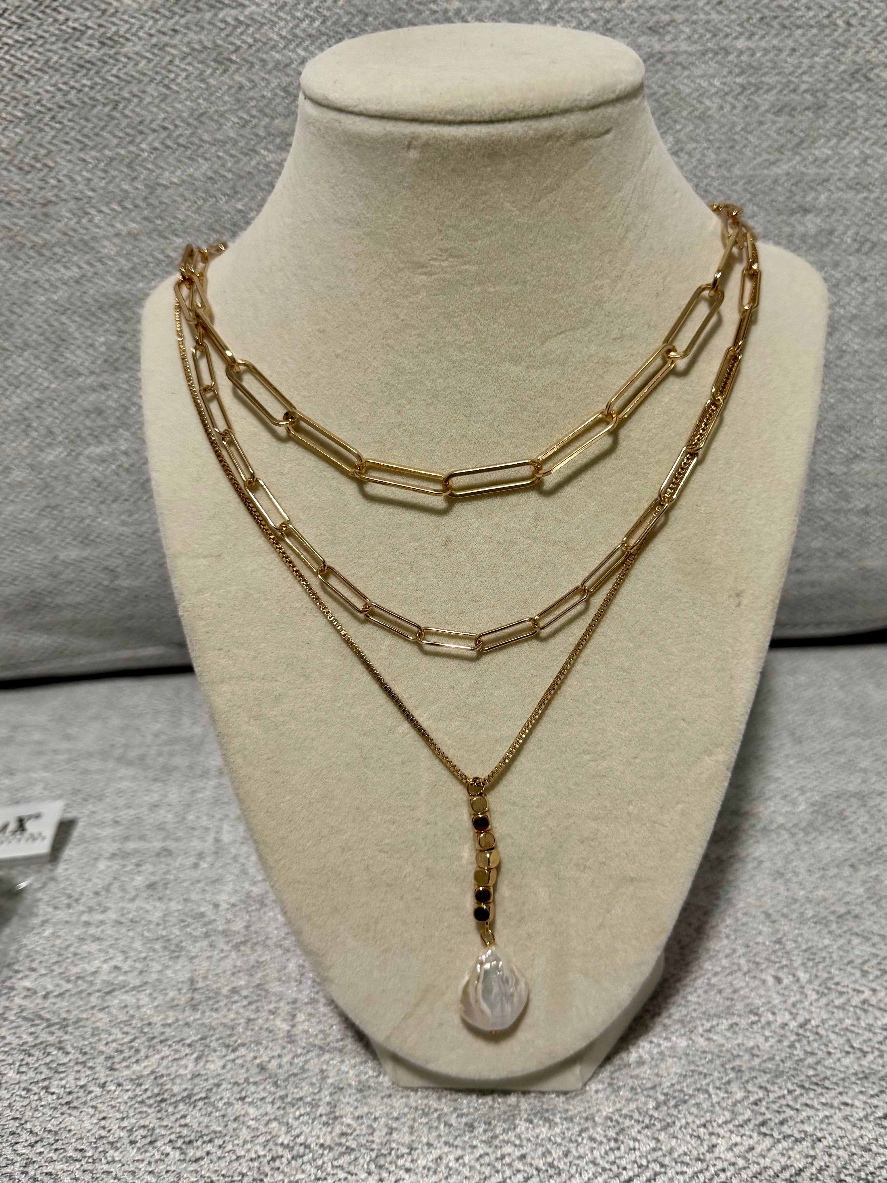 Triple Layer Paperclip Chain & Pearl Drop Necklace