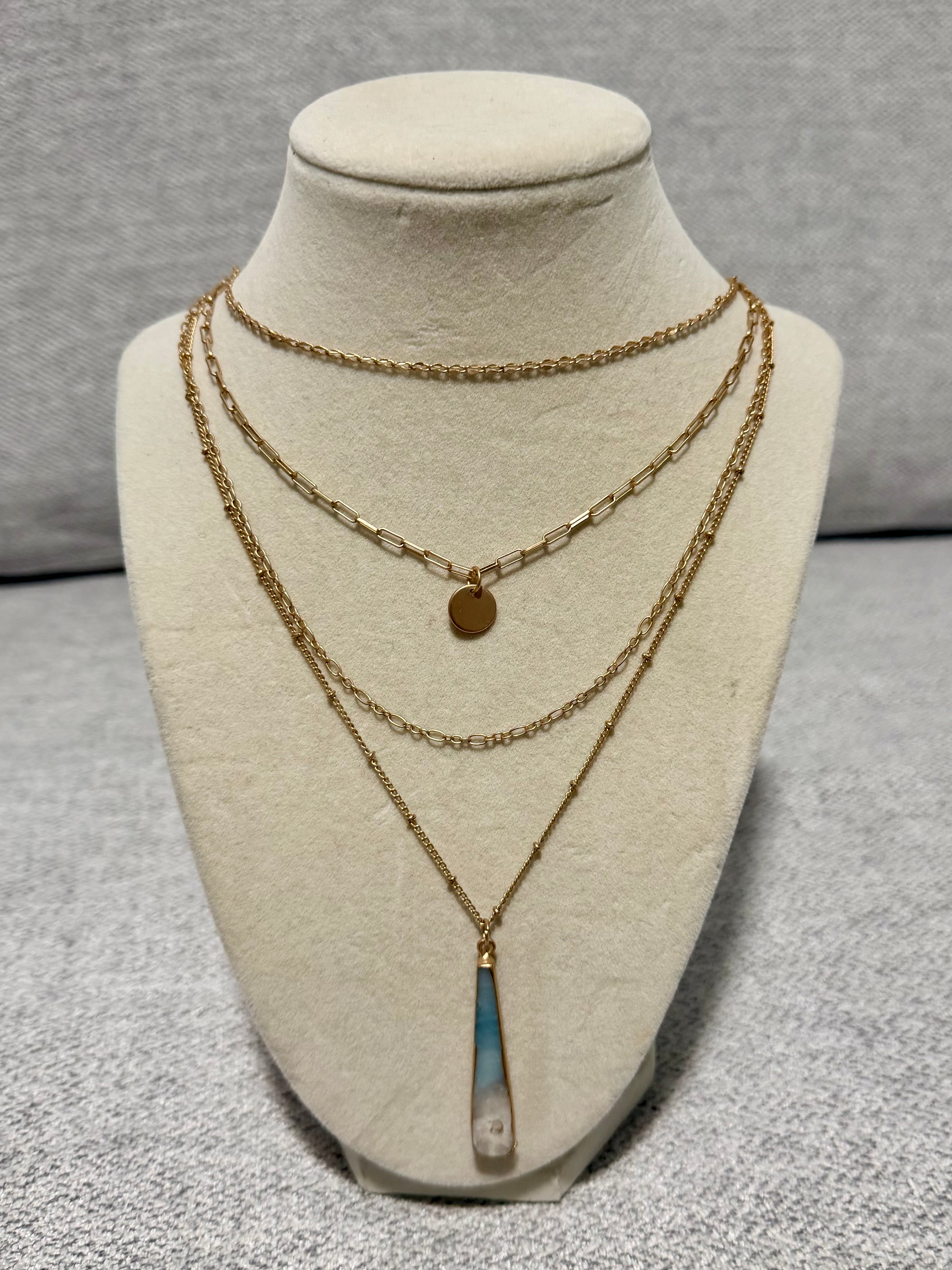 Four Layer Chain Gold Coin & Blue Teardrop Stone Pendant Necklace