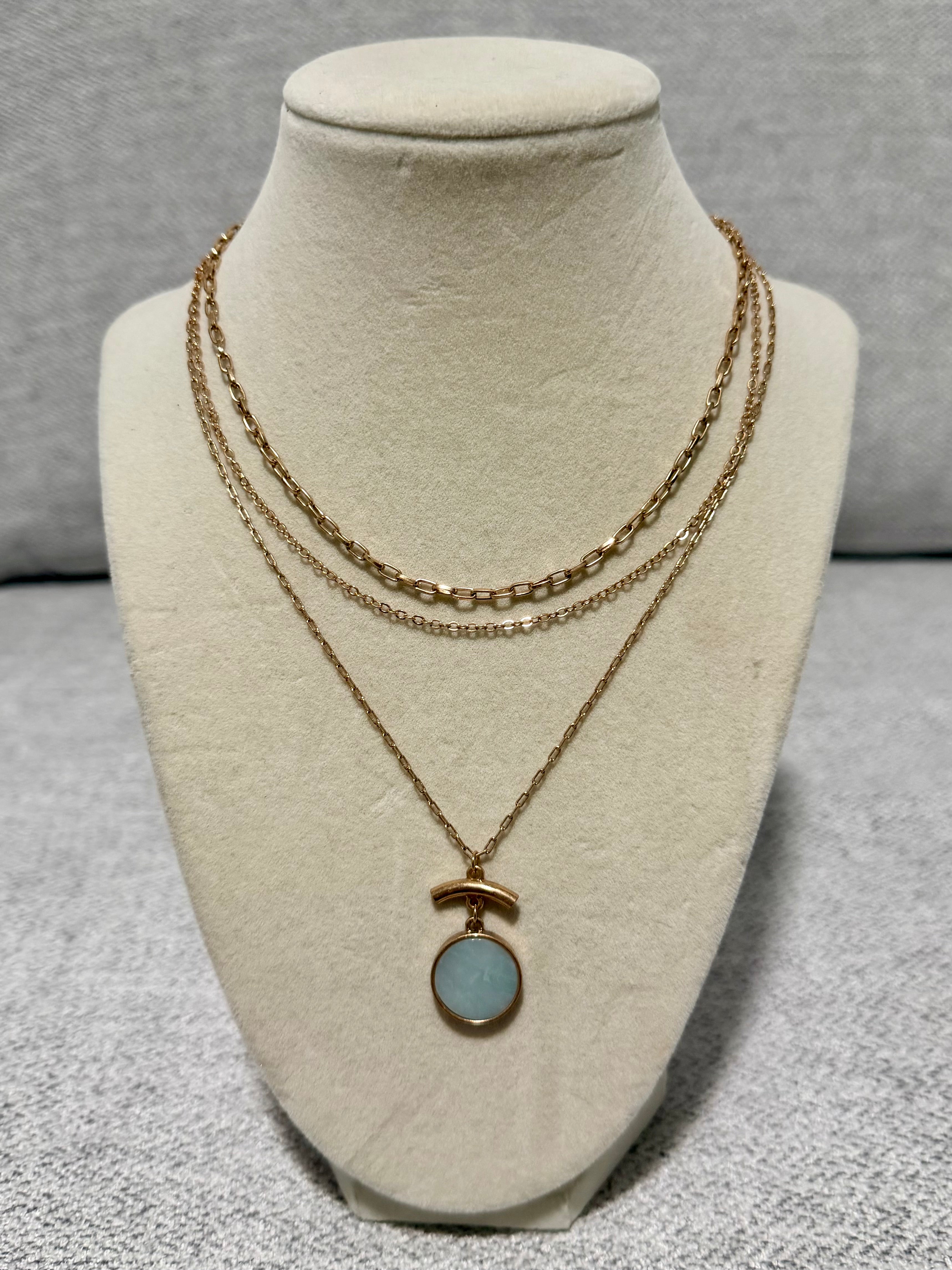 Triple Layer Chain & Blue Stone Pendant Necklace