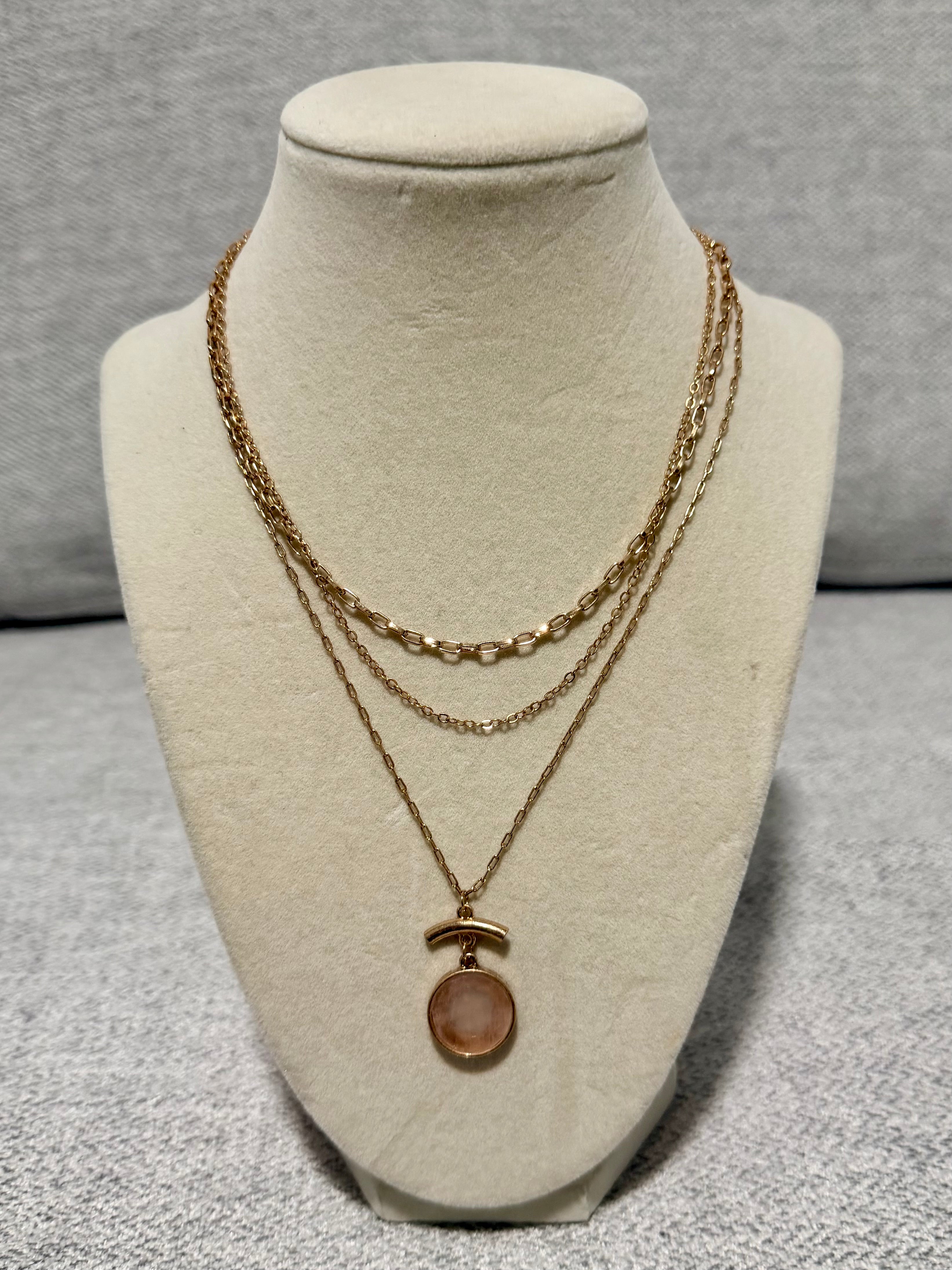 Triple Layer Chain & Peach Stone Pendant Necklace