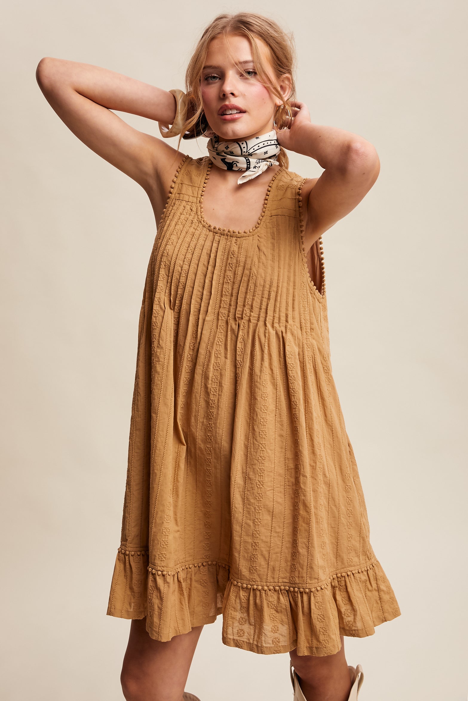 Textured Pintuck Mini Dress in Light Olive