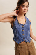 Scallop Trim Stretch Denim Vest