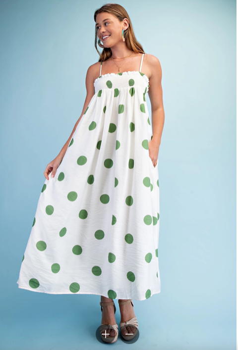 White & Green Polka Dot Smocked Maxi Dress