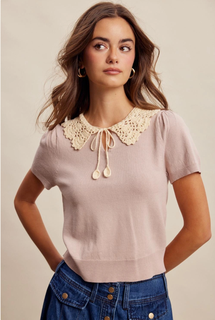 Crochet Collar Short Sleeve Knit Top