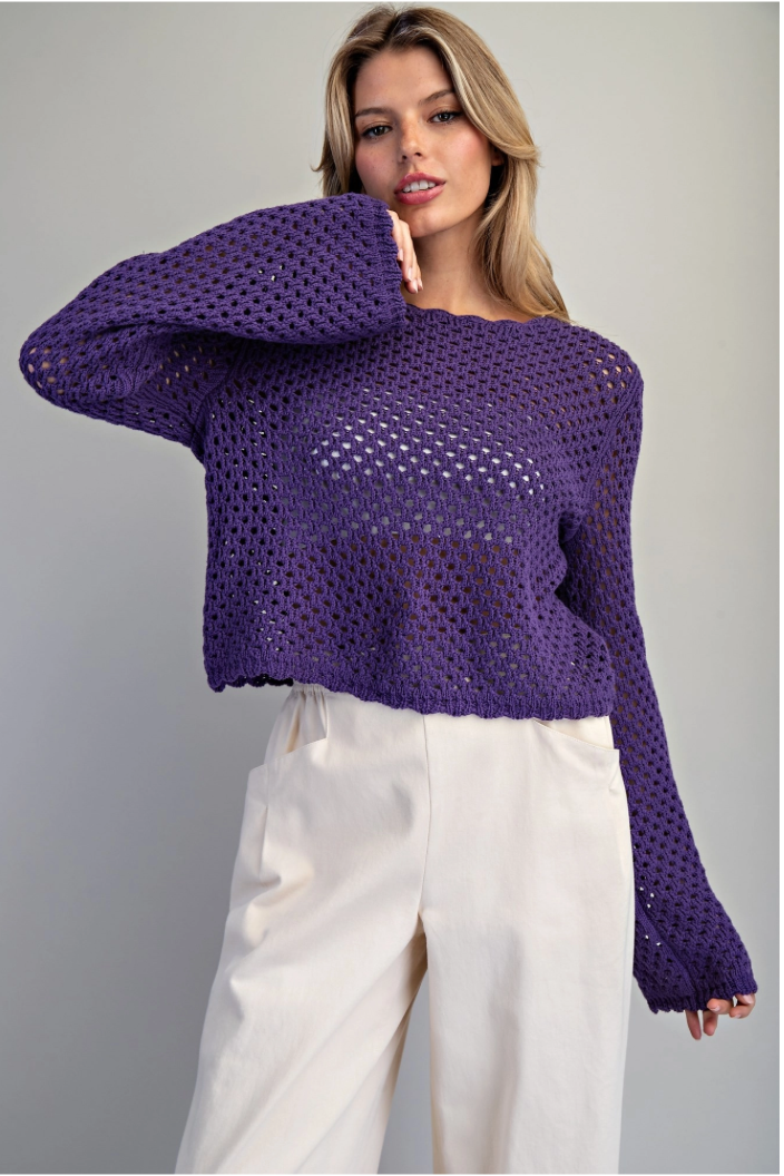 Crochet Open Knit Scallop Trim Sweater