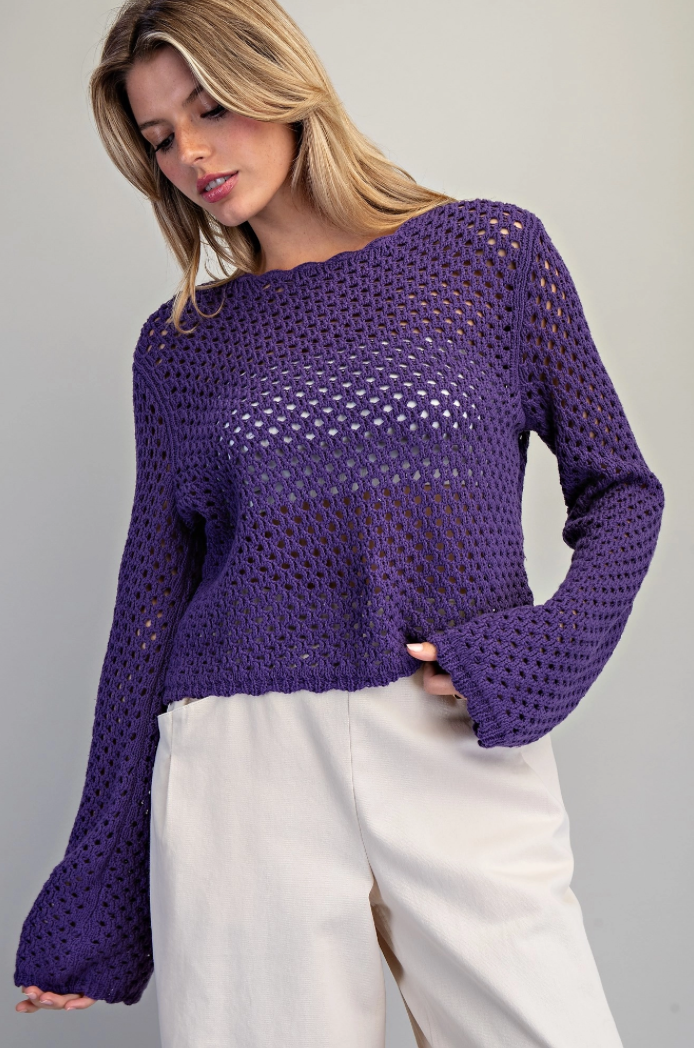 Crochet Open Knit Scallop Trim Sweater