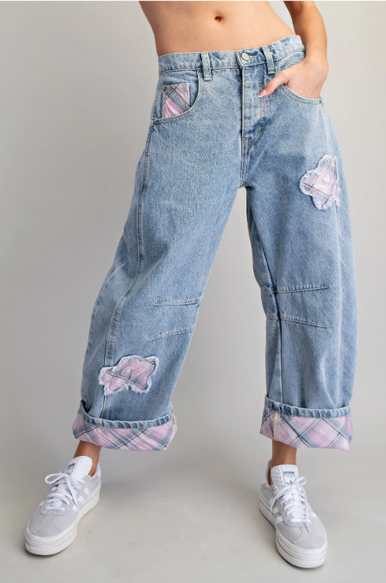 Floral Patch Plaid Contrast Barrel Jeans