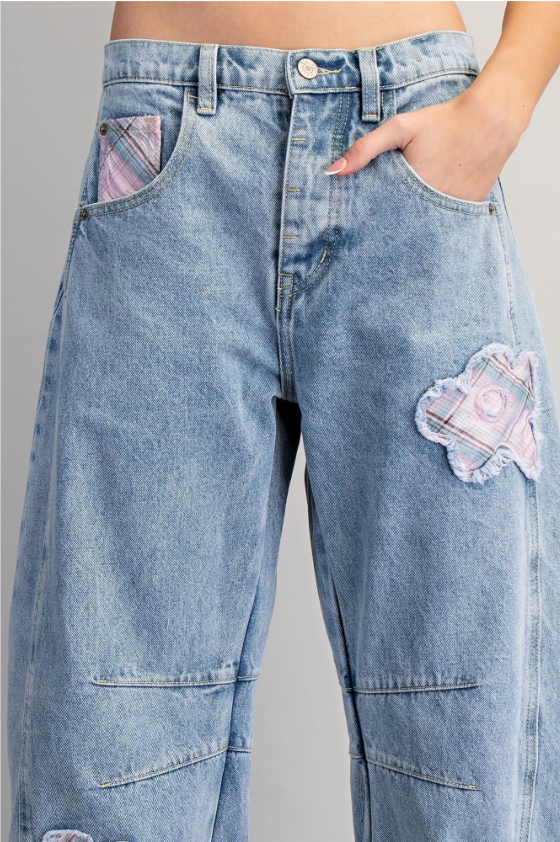 Floral Patch Plaid Contrast Barrel Jeans