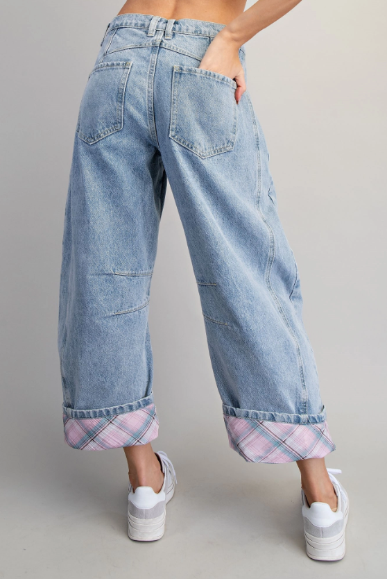 Floral Patch Plaid Contrast Barrel Jeans