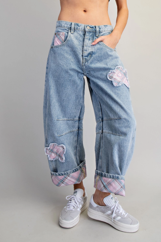 Floral Patch Plaid Contrast Barrel Jeans