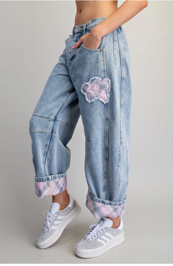 Floral Patch Plaid Contrast Barrel Jeans
