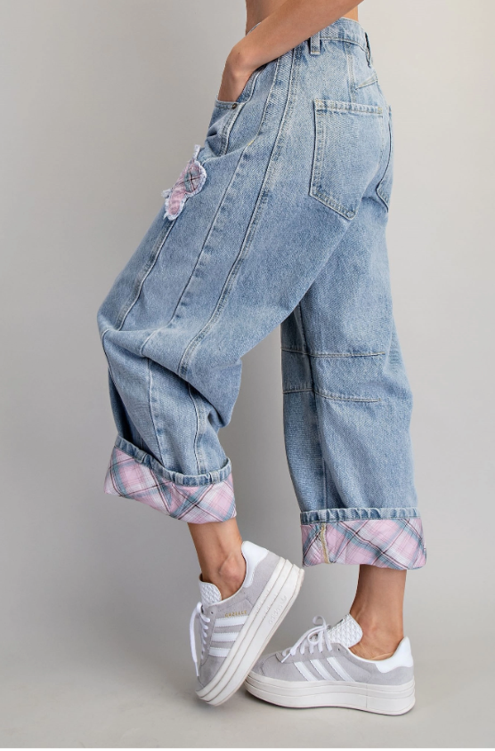Floral Patch Plaid Contrast Barrel Jeans