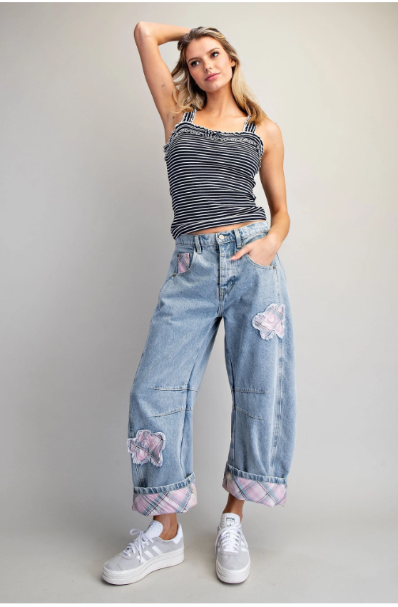 Floral Patch Plaid Contrast Barrel Jeans