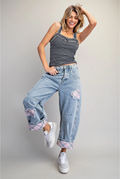Floral Patch Plaid Contrast Barrel Jeans