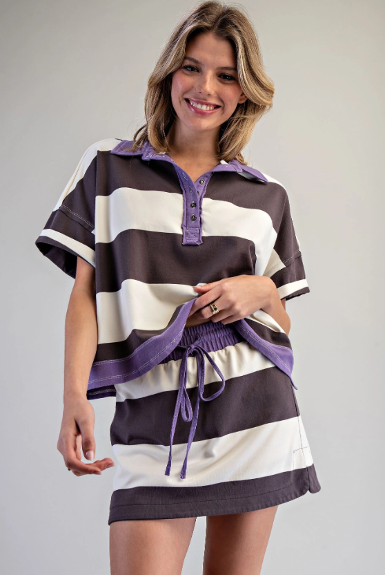 Enzyme Washed Striped Polo Top