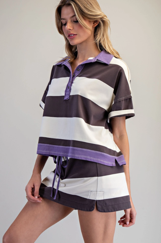 Enzyme Washed Striped Polo Top