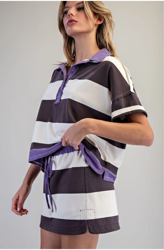 Enzyme Washed Striped Polo Top