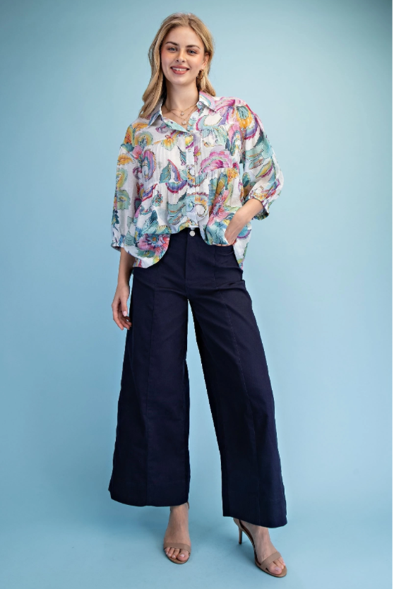Gigio Navy Wide Leg Pants with Double Button Closure
