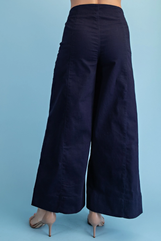 Gigio Navy Wide Leg Pants with Double Button Closure