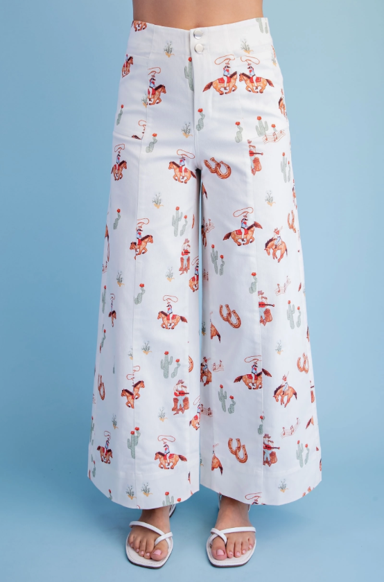 Cowboy Print Wide Leg Pants with Double Button Closure