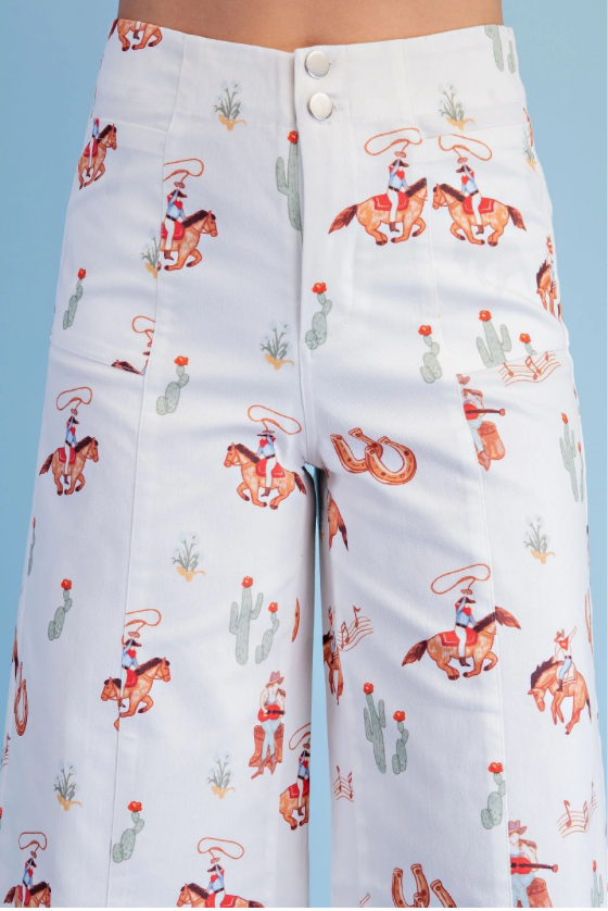 Cowboy Print Wide Leg Pants with Double Button Closure
