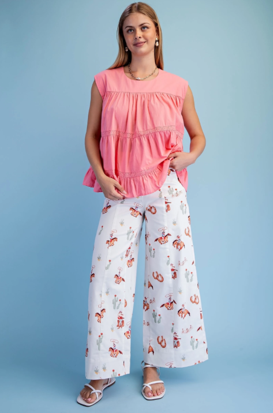 Cowboy Print Wide Leg Pants with Double Button Closure