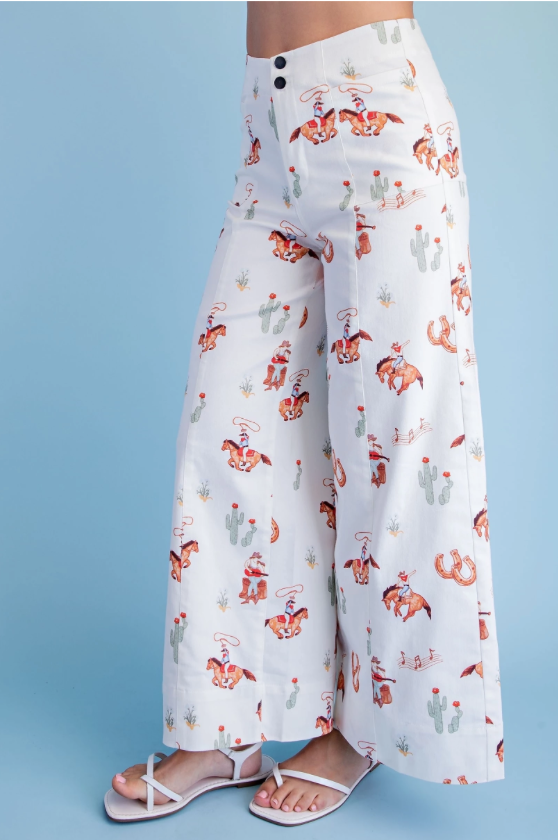 Cowboy Print Wide Leg Pants with Double Button Closure