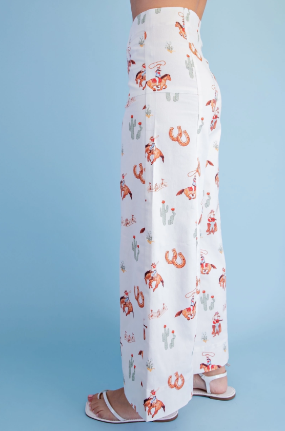 Cowboy Print Wide Leg Pants with Double Button Closure