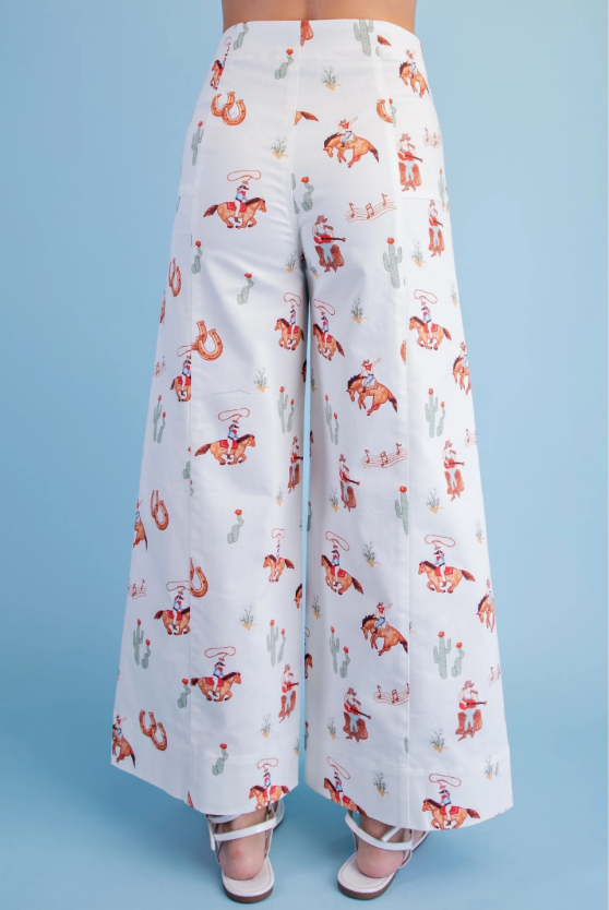 Cowboy Print Wide Leg Pants with Double Button Closure