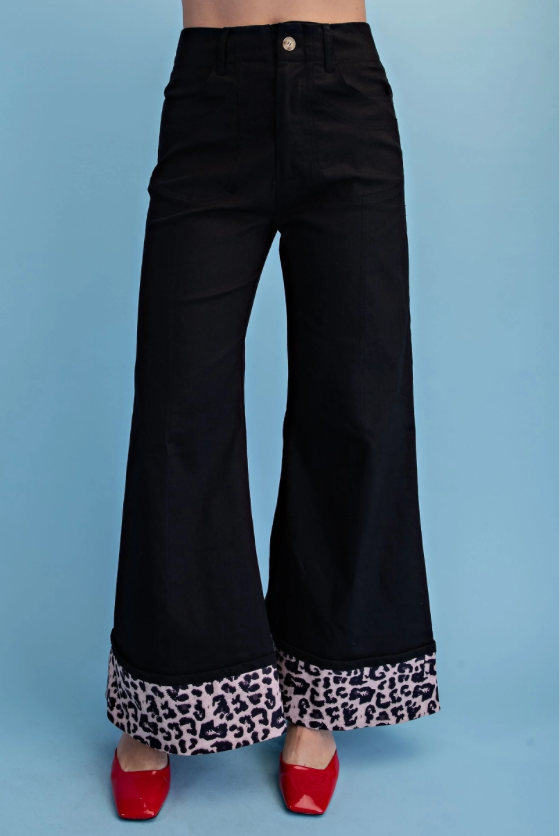 Leopard Cuffed Flare Pants in Stretchy Denim-Like Fabric