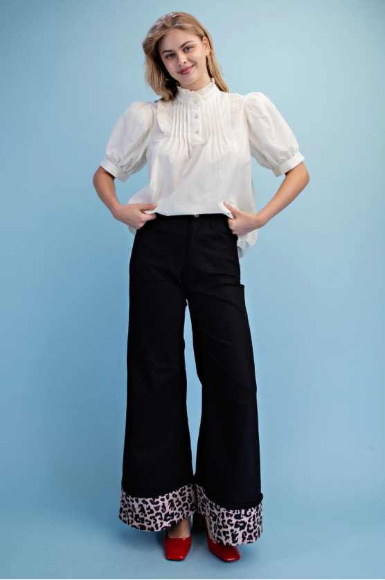 Leopard Cuffed Flare Pants in Stretchy Denim-Like Fabric
