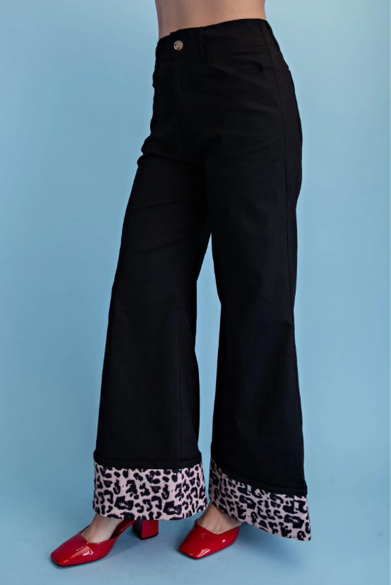 Leopard Cuffed Flare Pants in Stretchy Denim-Like Fabric
