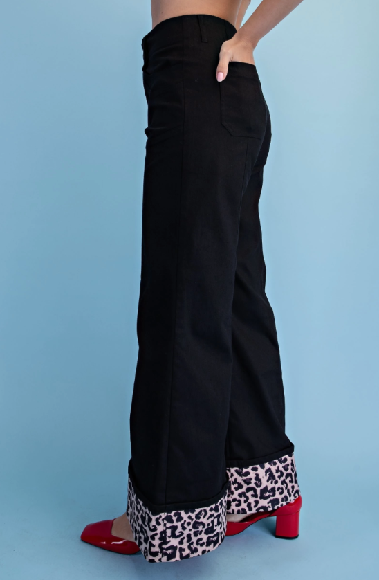 Leopard Cuffed Flare Pants in Stretchy Denim-Like Fabric