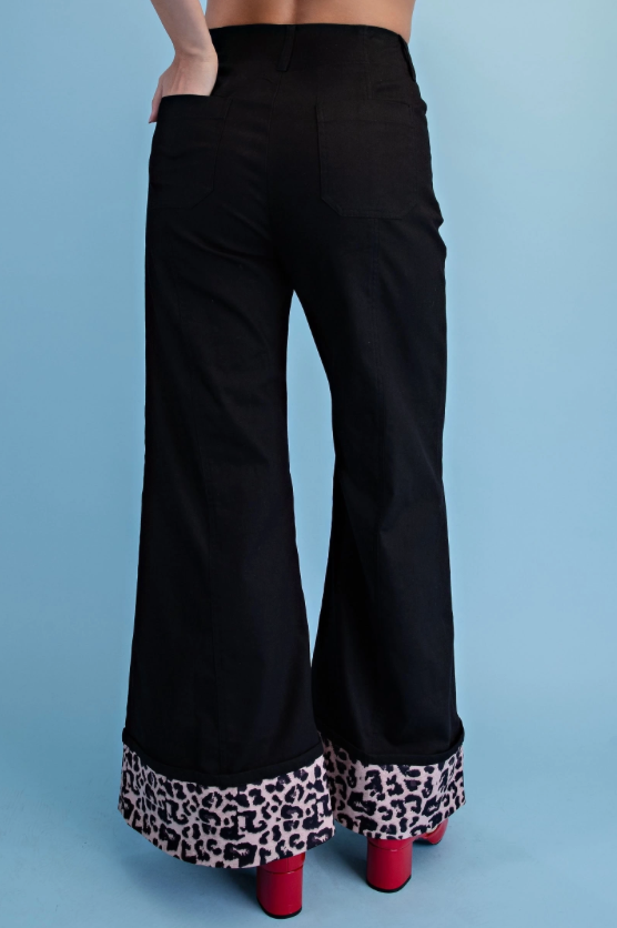 Leopard Cuffed Flare Pants in Stretchy Denim-Like Fabric
