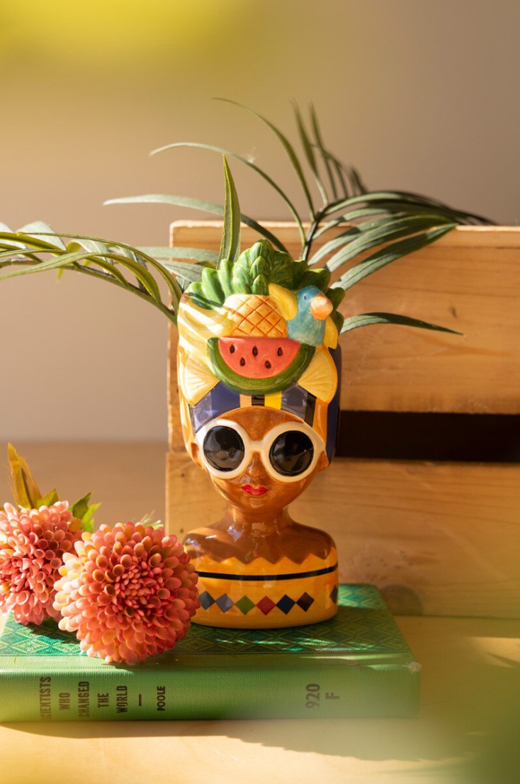 All three fruit crown lady planters displayed together on orange background