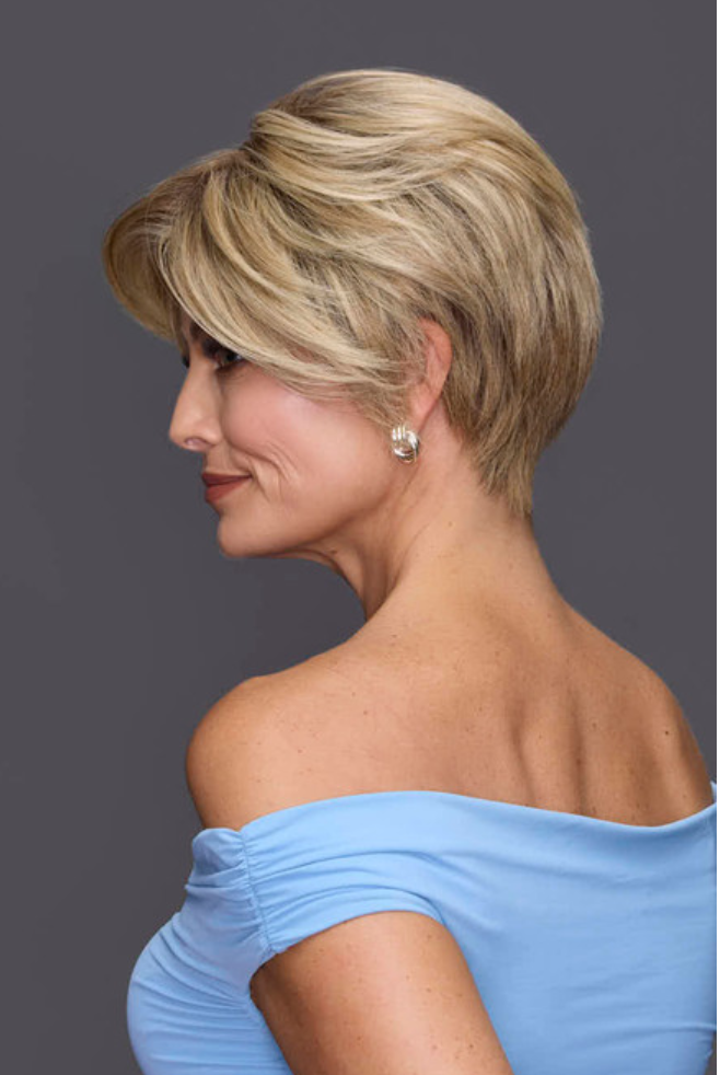 Demi wig - blonde pixie back angled smiling