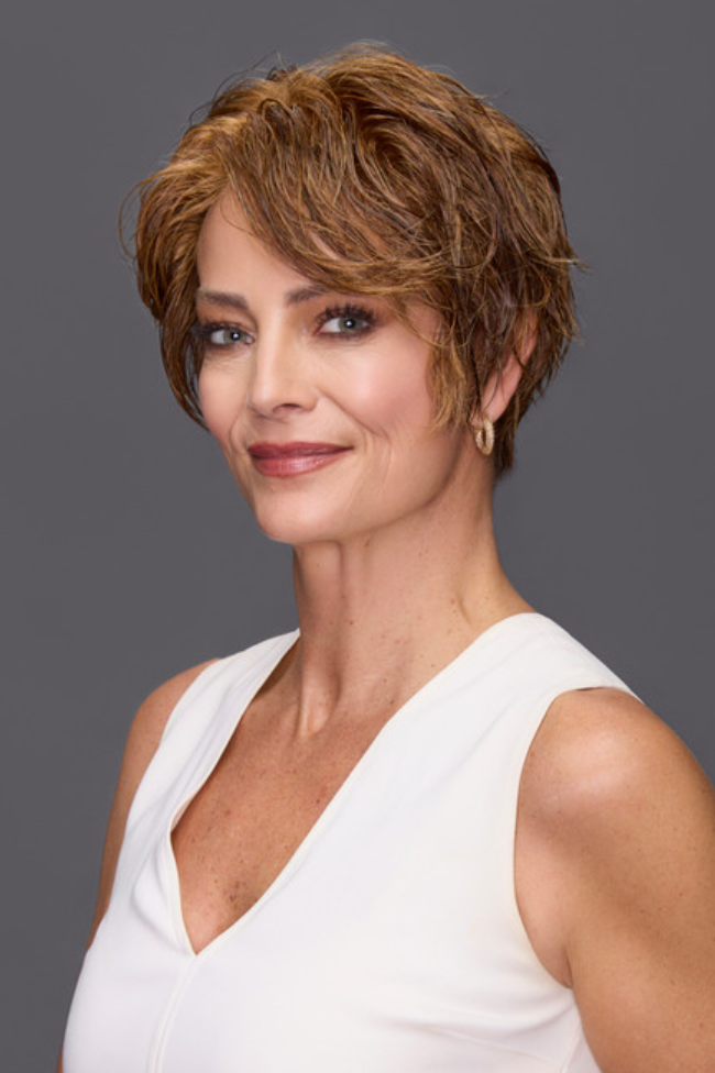 Demi wig - blonde pixie side profile view