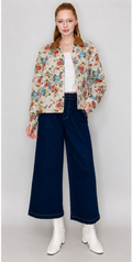 Floral Print Jacket - cream floral with brown corduroy collar, full length front view styled with wide leg denim