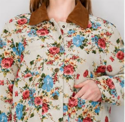 Floral Print Jacket - front close up detail showing floral print and side pocket