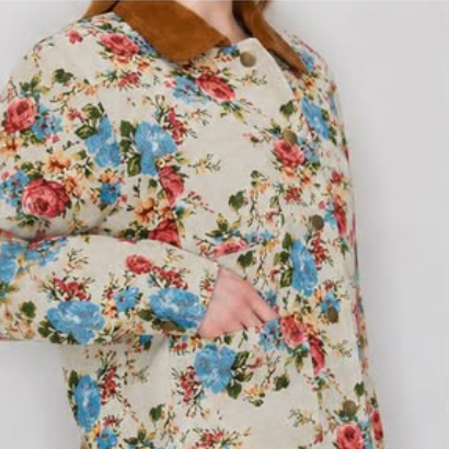Floral Print Jacket - side close up detail showing corduroy collar and floral print