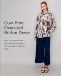 Cow-Print Oversized Button-Down - cream and brown cow print shimmer blouse, full length front view