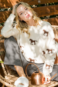 Horse Penny Pattern Sweater - cream with brown all-over horse pattern, relaxed fit